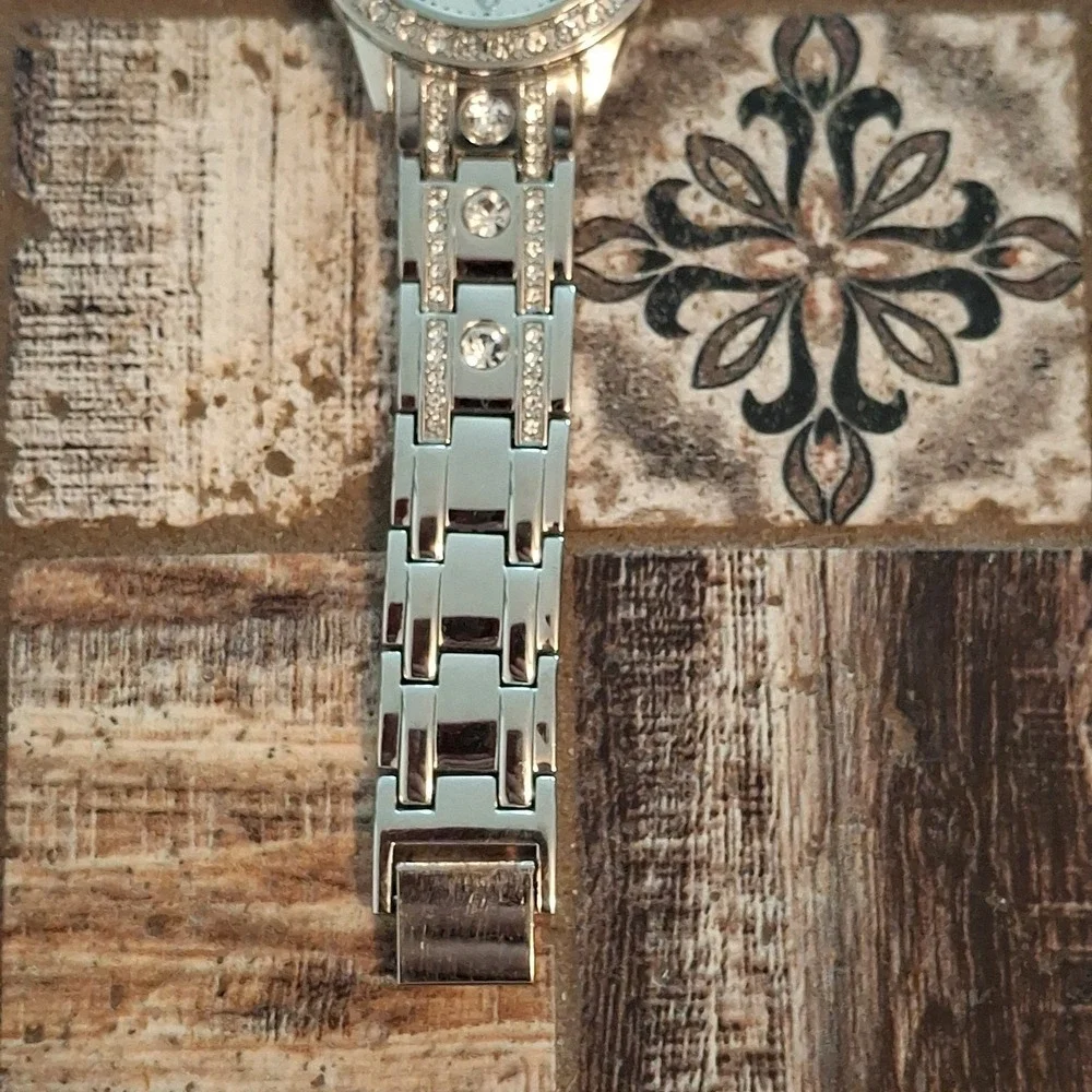 Two Womens Rhinestone Encrusted Silvertone 34mm Watches. Pre-Owned.